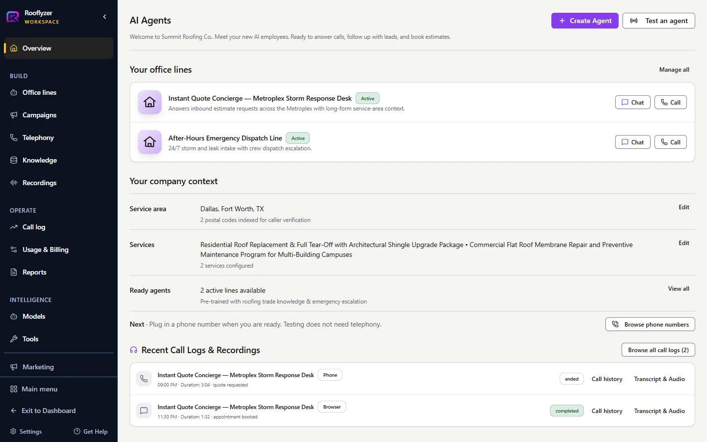 Rooflyzer AI Agents workspace showing office lines and call recordings